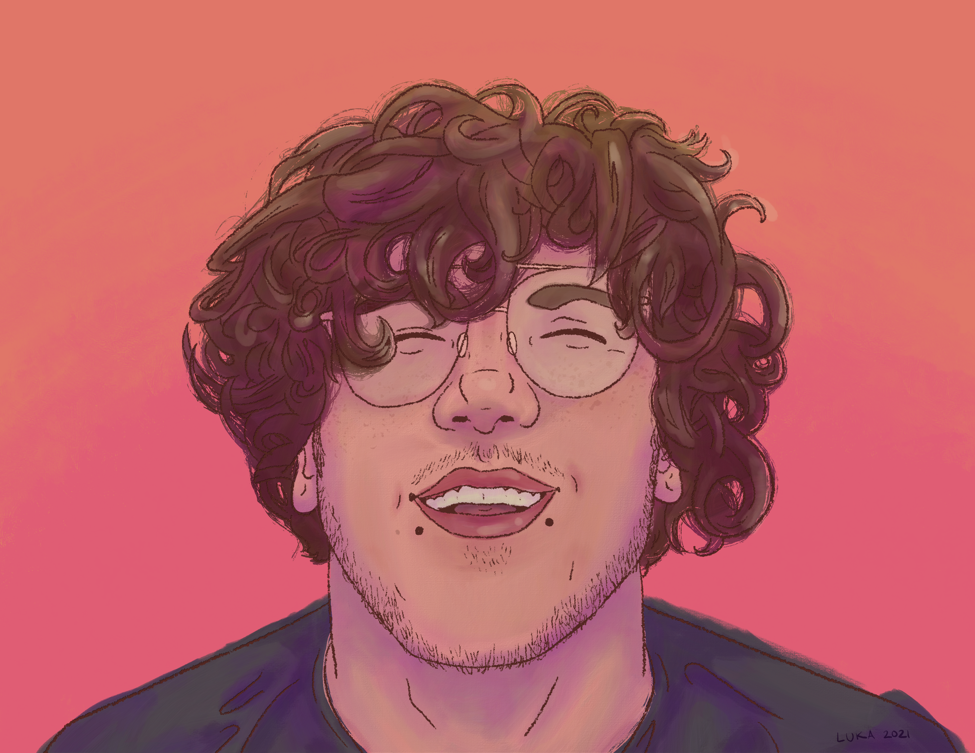 Illustration of a grinning young man with curly hair, glasses, freckles, lip piercings, and short stubble