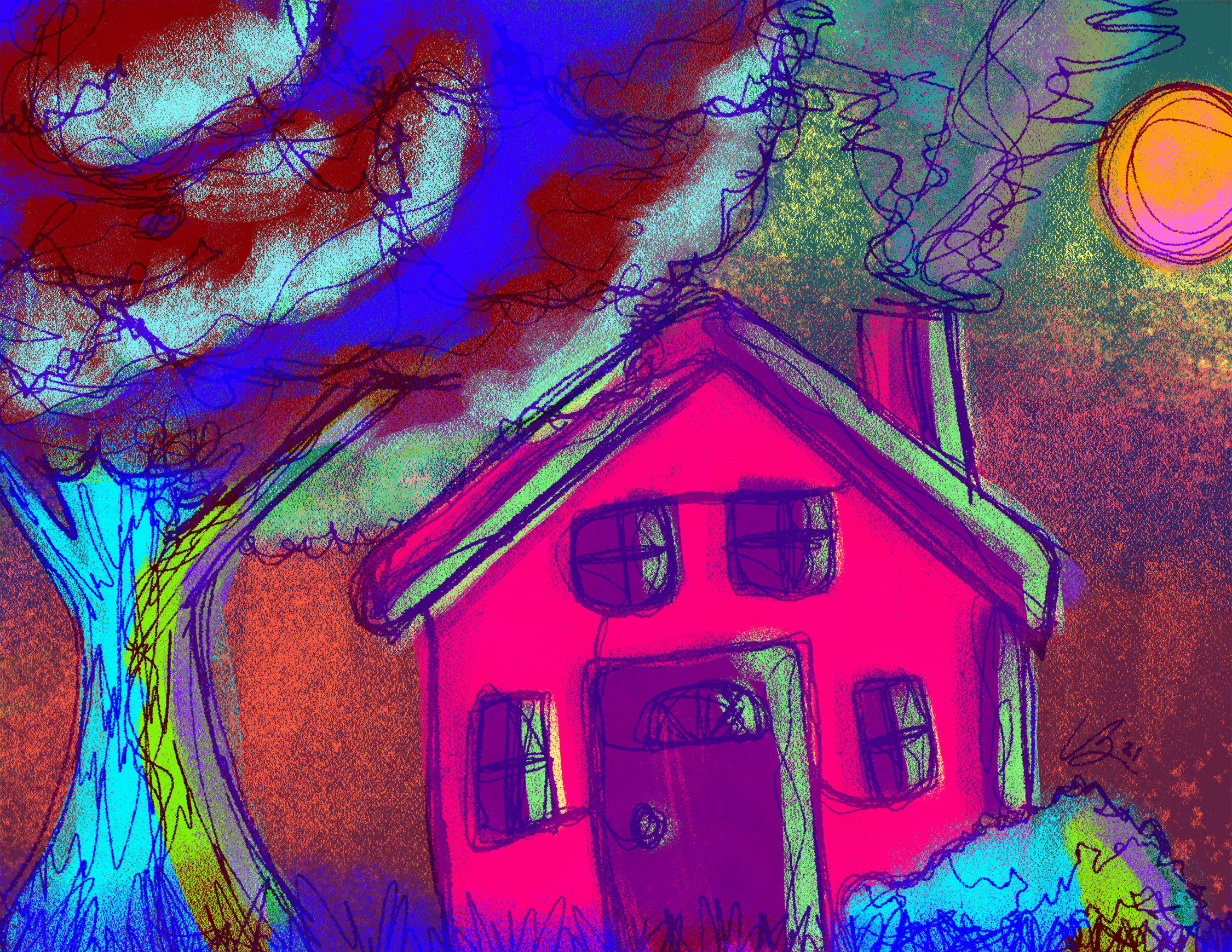 Simplistic contour drawing of a small house and tree with a vibrant color palette