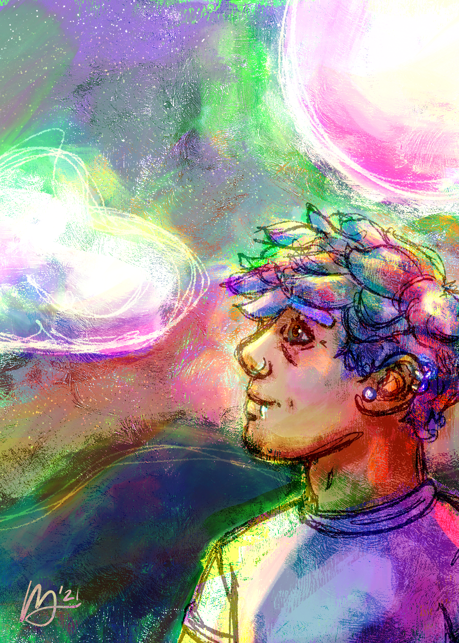 Surreal illustration of a curly-haired person with piercings gazing into a vibrantly colored sky